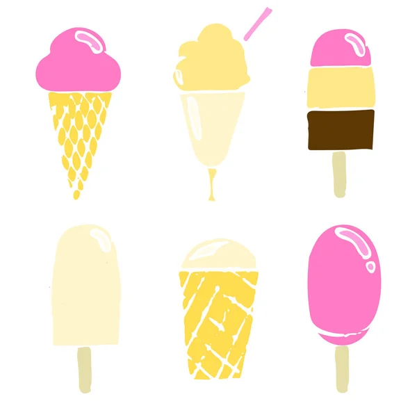 不同种类的冰淇淋在白色背景上隔离开来 手绘矢量图解 — 图库矢量图片