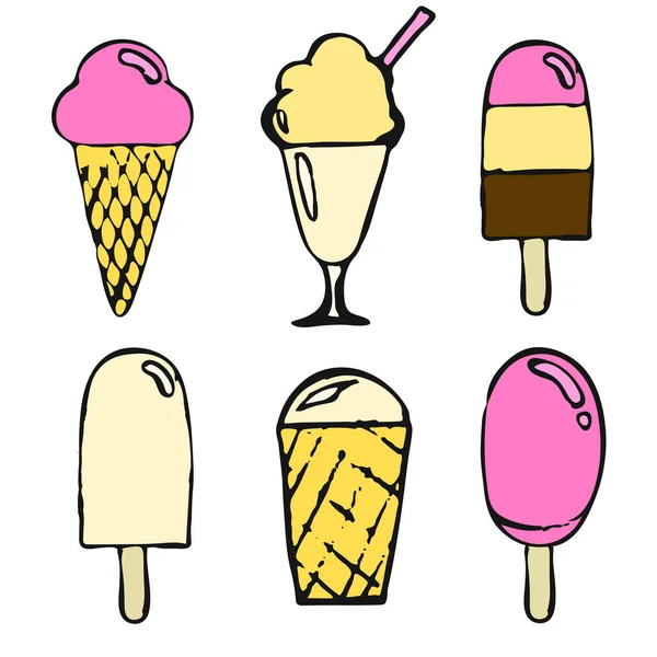 Diferentes Tipos Helados Aislados Sobre Fondo Blanco Ilustración Vectorial Dibujada — Vector de stock