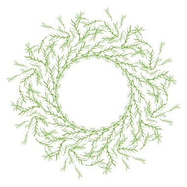 Beyaz arka planda bitki yaprakları ve dalları olan el çizimi yeşil kır çelenkleri.