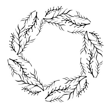 Beyaz arka planda bitki yaprakları ve dalları olan el çizimi siyah kır çelengi.