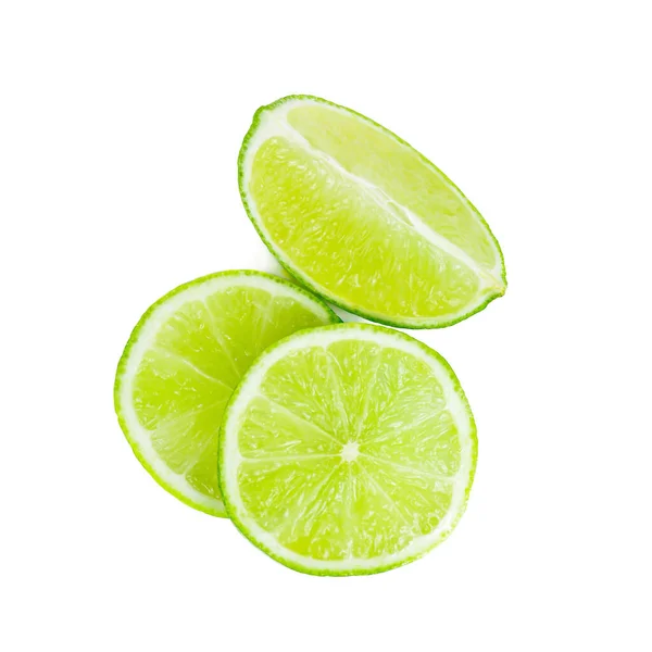 Fehér Alapon Izolált Friss Zöld Lédús Lime Lime Szeletek — Stock Fotó