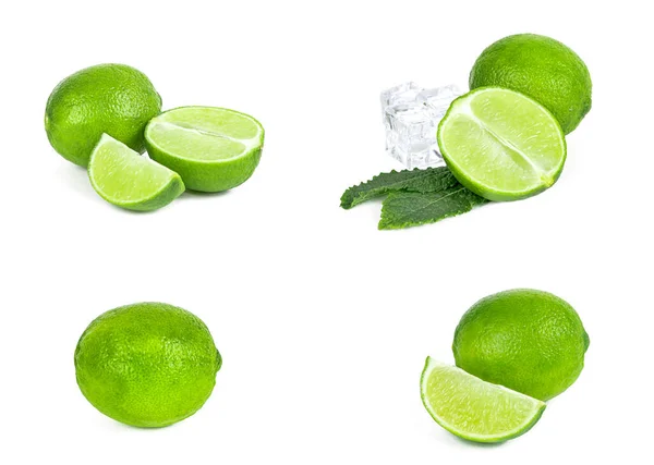 Fresh Green Juicy Limes Lime Slices Ice Mint Leaves Set — Stock Photo, Image