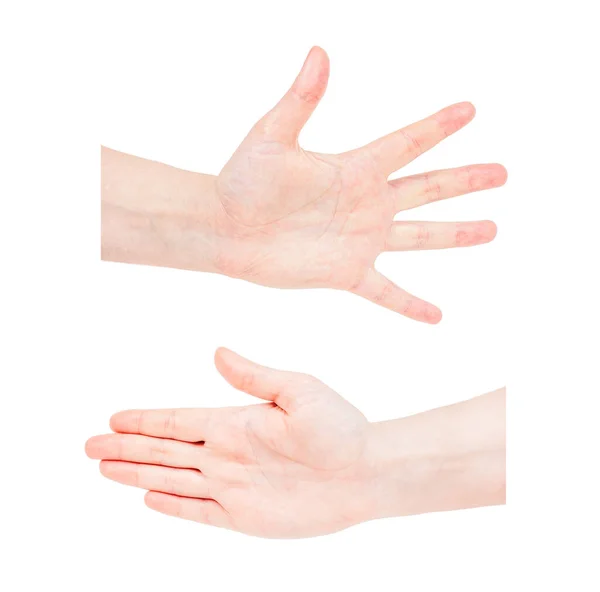 白人妇女的手显示出所有手指在白色背景上被隔离 — 图库照片