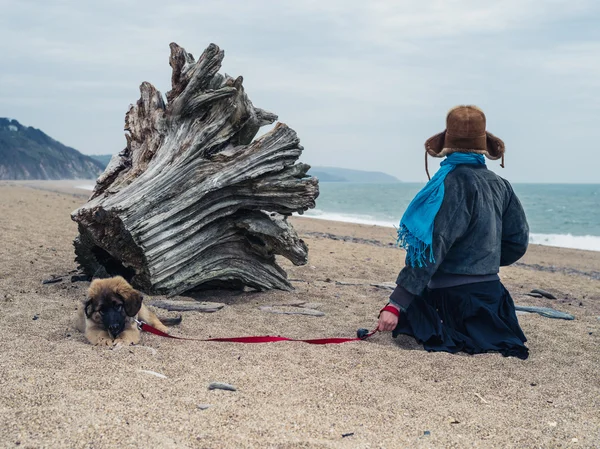 Młoda kobieta z Leonberger szczeniak na plaży przez drzewa — Zdjęcie stockowe