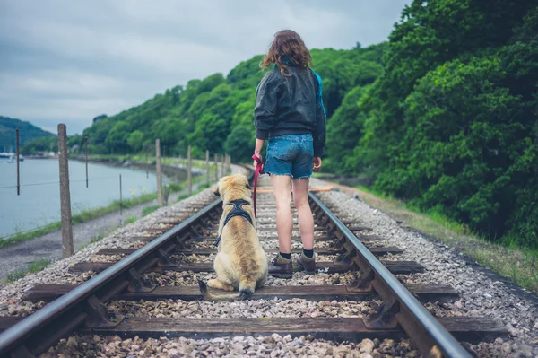 Young Woman Standing Her Dog Railroad Tracks Summer — Stock Photo, Image