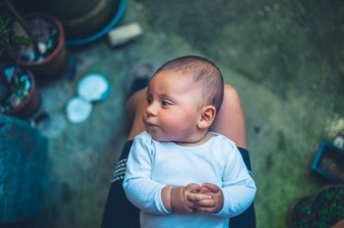 Küçük bir bebek dışarıda annesinin kucağında dinleniyor.