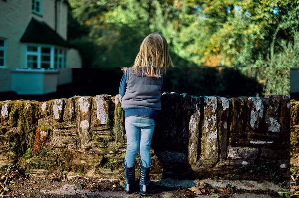 Little Preschooler Standing Wall Countryside Autumn Day — Stock Photo, Image