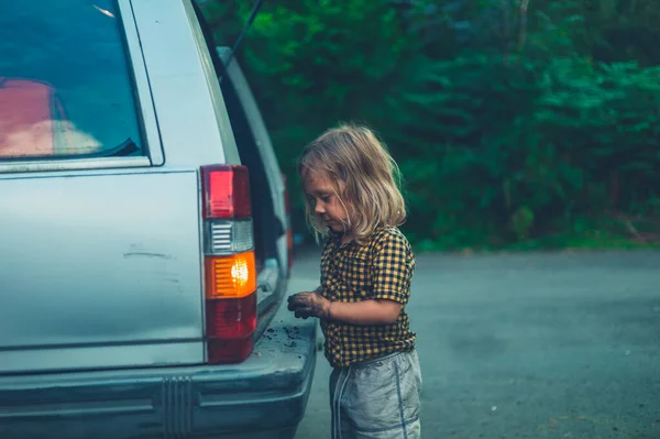 Little Preschooler Getting Something Trunk Car — Stock Photo, Image