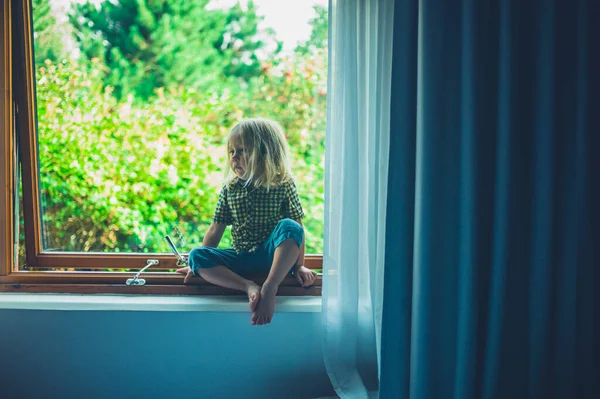 Little Preschooler Sitting Window Sill Bedroom — Stock Photo, Image