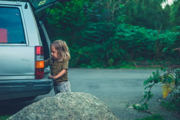 Little Preschooler Getting Something Trunk Car — Stock Photo, Image