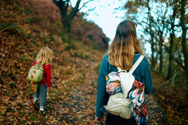 幼い母親が秋の日に森の中で未就学児と一緒に歩いています — ストック写真