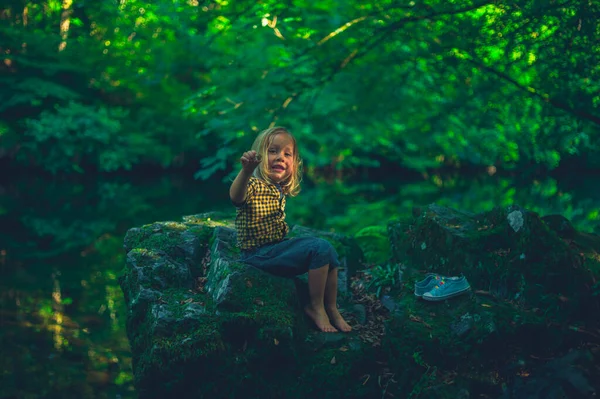 Petit Enfant Âge Préscolaire Joue Près Ruisseau Dans Les Bois — Photo