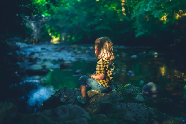夕阳西下的时候 一个小学龄前的孩子正在树林里的小溪边玩耍 — 图库照片