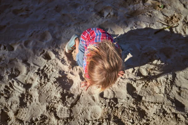 Little Preschooler Playing Sand Playground Autumn Sun — Stock Photo, Image