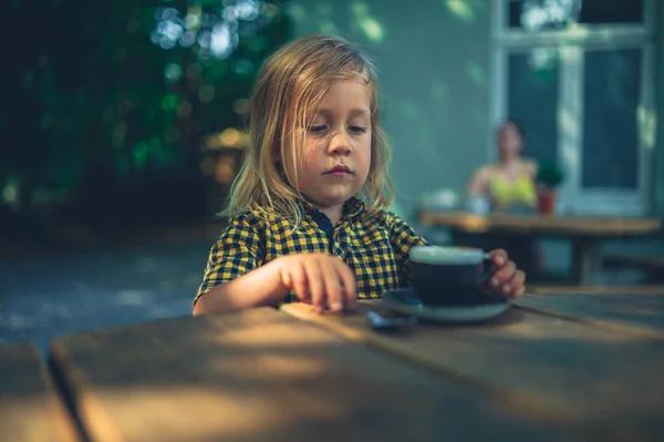 Little Preschooler Drinking Coffee Table Outdoors Summer — Stock Photo, Image