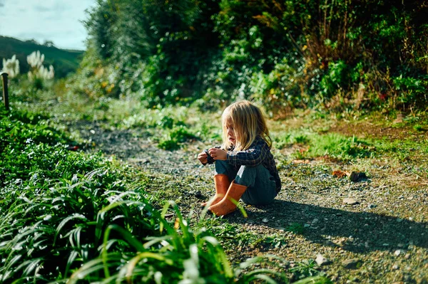 小さな未就学児が晴れた秋の日に自然に地面に座っています — ストック写真