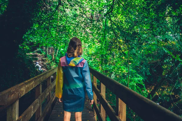 Μια Νεαρή Γυναίκα Στέκεται Μια Γέφυρα Ένα Δάσος — Φωτογραφία Αρχείου