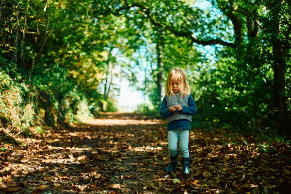 Pouco Pré Escolar Está Brincando Floresta Dia Ensolarado Outono — Fotografia de Stock