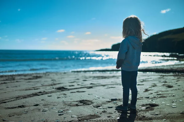 Pouco Pré Escolar Está Brincando Praia Verão — Fotografia de Stock