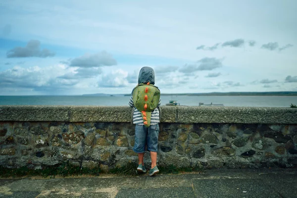 Piccolo Bambino Età Prescolare Sta Guardando Oltre Muro Riva Mare — Foto Stock