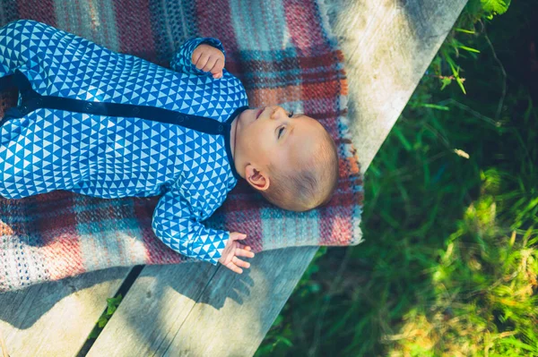 Een Kleine Baby Rust Een Deken Tuin Een Zonnige Dag — Stockfoto