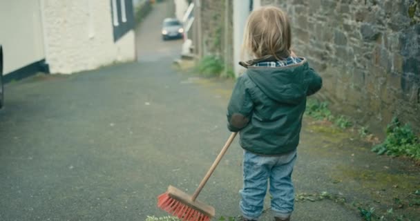 Menino Criança Varrendo Folhas Perto Casa — Vídeo de Stock