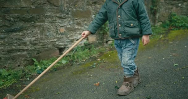男孩清扫房子附近的树叶 — 图库视频影像
