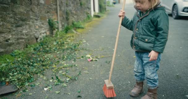 Menino Criança Varrendo Folhas Perto Casa — Vídeo de Stock