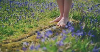 Küçük çiçeklerle yeşil tarlada duran dişi ayaklar.