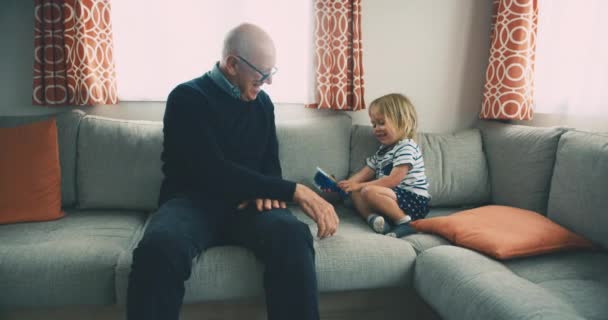 Starszy Dziadek Wnuczek Spoczywający Kanapie Domu — Wideo stockowe