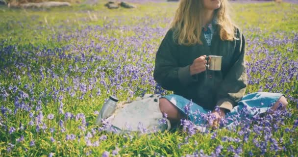 Jeune Femme Buvant Thé Sur Champ Fleurs — Video