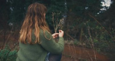 Ormanda çiçek toplayan bir kadın.