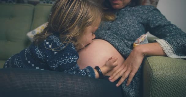 Pregnant Woman Her Son Sofa — Stock Video