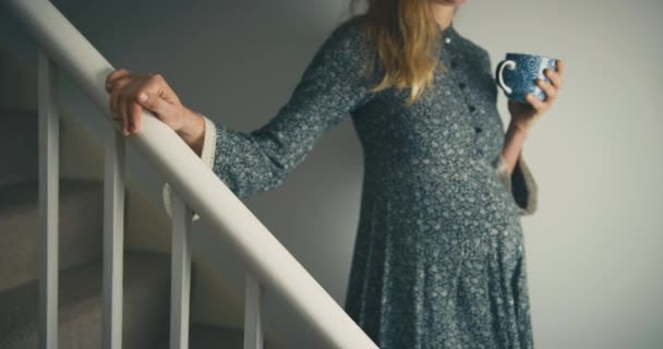 Mladá Těhotná Žena Stojící Schodech Šálkem Ruce — Stock video