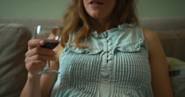 Zwangere Vrouw Het Drinken Van Wijn Sofa Thuis — Stockvideo