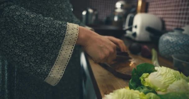 Красивая Женщина Измельчает Ингредиенты Салата Кухне — стоковое видео