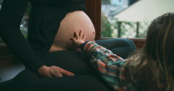 Pregnant Woman Sitting Windowsill Her Son — Stock Video