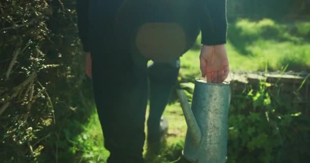 女人提着浇水的罐子穿过花园 — 图库视频影像