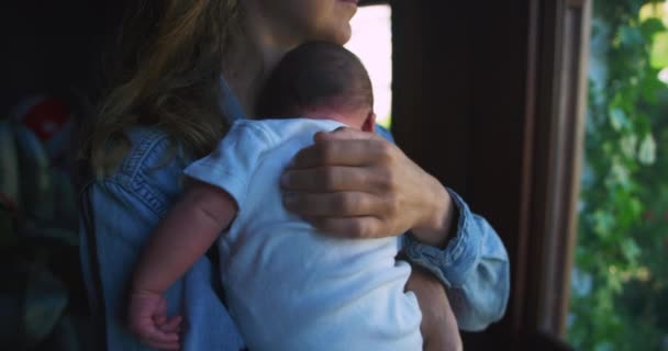 母親保持彼女の赤ちゃん男の子オン手屋内 — ストック動画