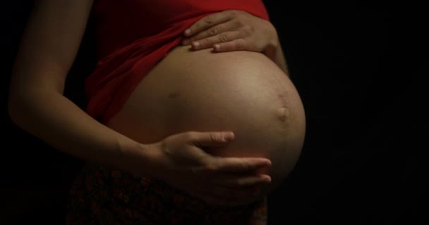 Mujer Joven Embarazada Fondo Oscuro — Vídeos de Stock