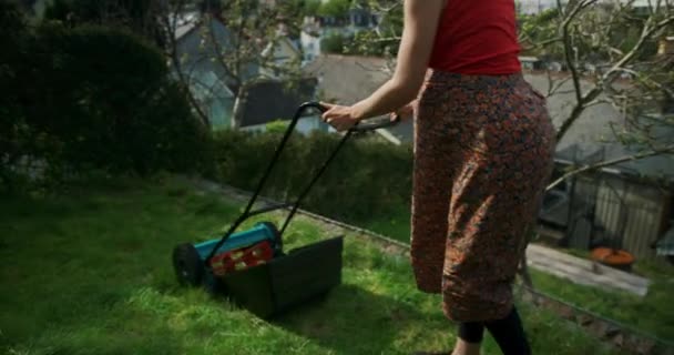 Mujer Cortando Hierba Con Cortacésped Patio — Vídeo de stock