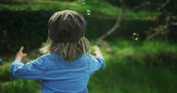 Gelukkig Jongetje Spelen Buiten Vangen Zeepbellen — Stockvideo