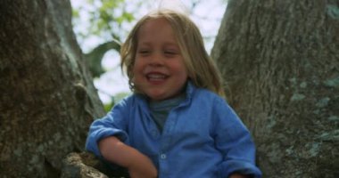 Ağaç gövdelerinin arasında küçük şirin bir çocuk.