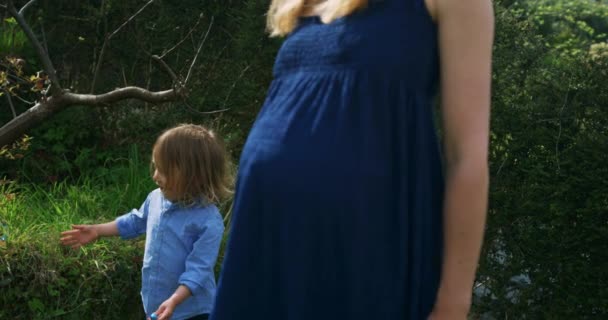 Pregnant Mother Her Son Garden Soap Bubbles — Wideo stockowe