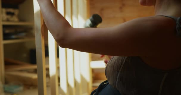 Woman Working Wooden Furniture Workshop — Vídeo de Stock