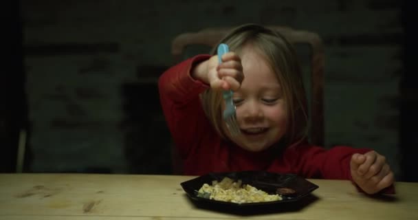 Little Boy Eating Food Table — Stock Video