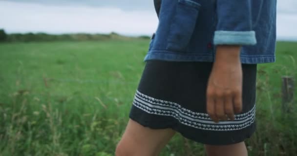 Young Woman Walking Green Field — Vídeo de stock