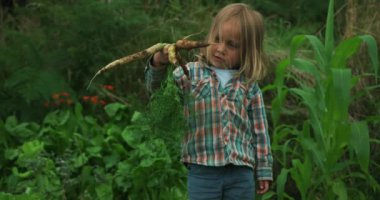 Bahçesinde taze çiğ havuç olan genç bir çocuk.