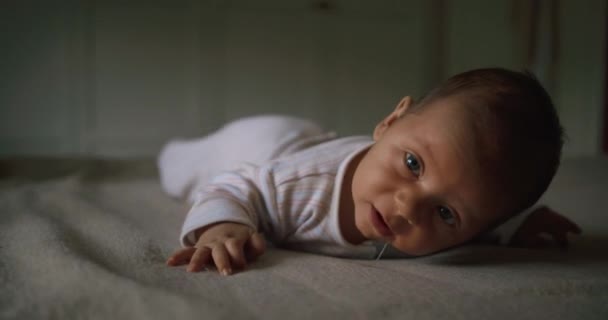 Cute Little Boy Lying Bed — Stock Video