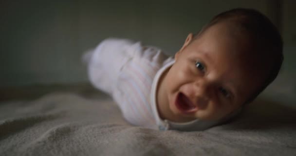 Cute Little Boy Lying Bed — Stock Video